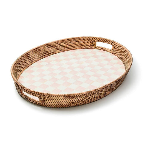 ROSY CHECK ENAMEL AND RATTAN PARTY TRAY